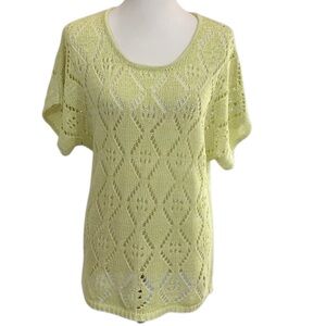 Leo & Nicole Yellow Open Knit Sweater L Diamond Lace Short Sleeve Lightweight